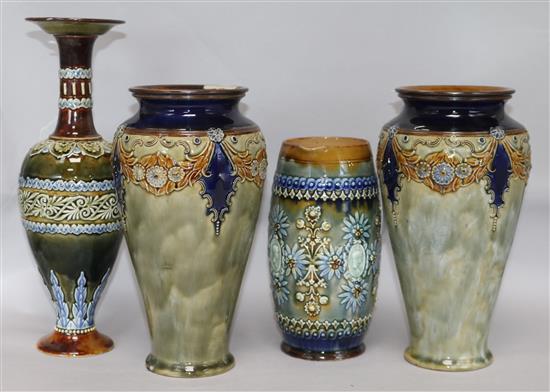 Four items of Doulton Art Nouveau tube-lined stoneware, tallest 30cm